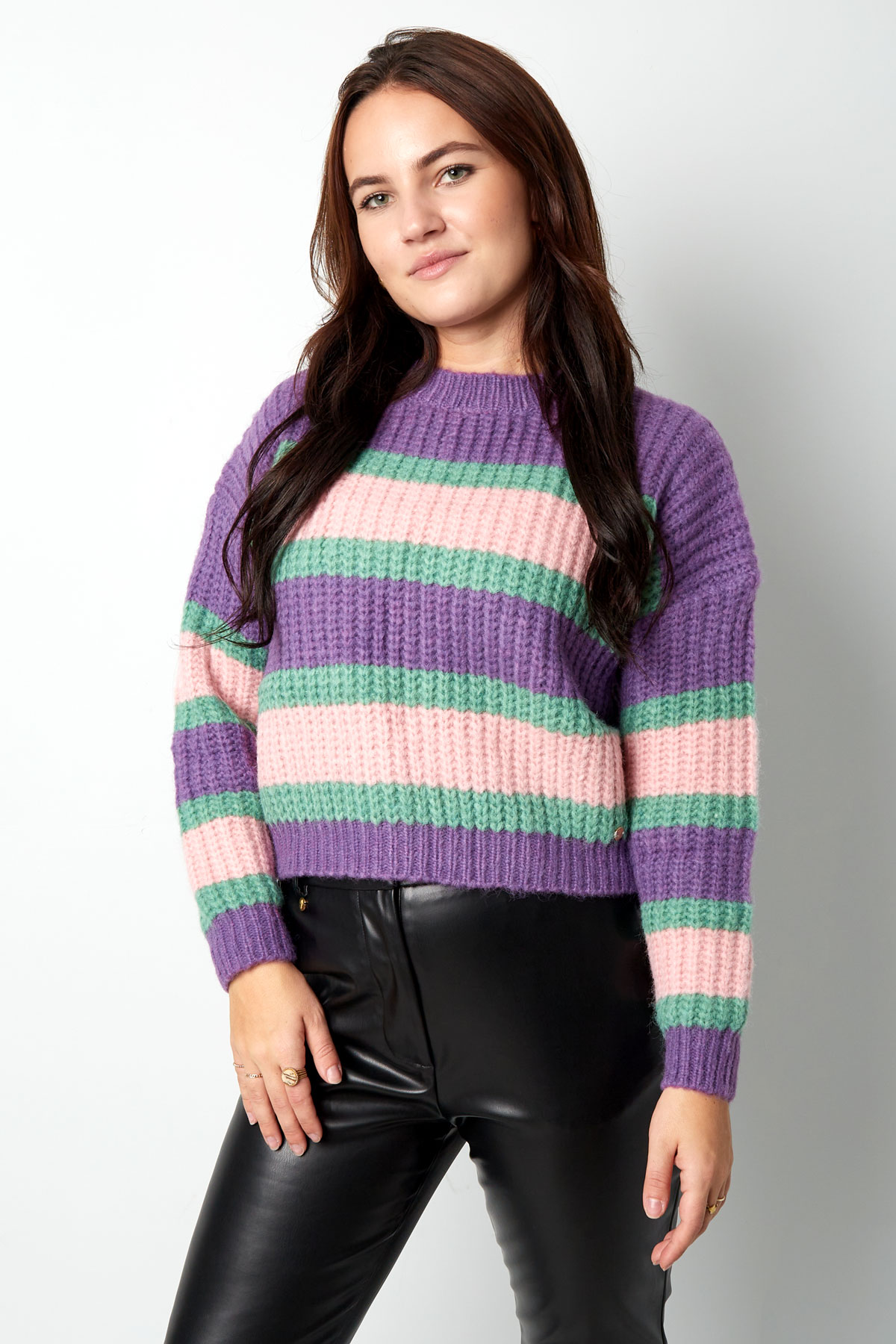 Gebreide driekleurige trui met streep - roze paars h5 Afbeelding3